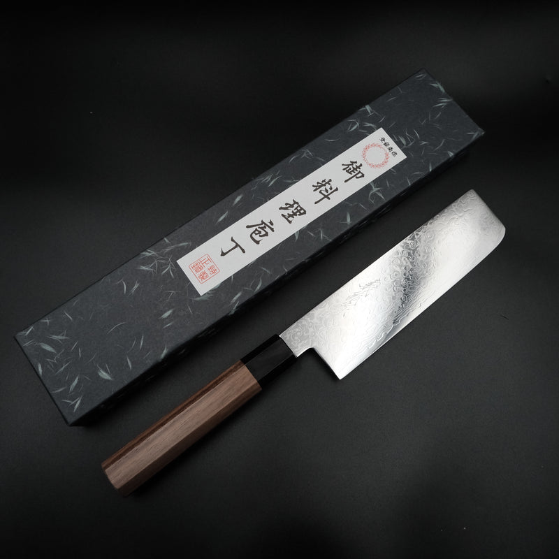Yoshihiro Ginsan Nakiri 180mm, kutusuyla birlikte açılı görünüm