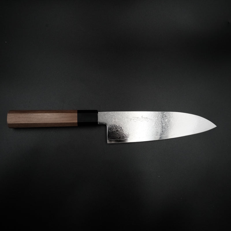 Yoshihiro Ginsan Santoku 180mm, suminagashi damascus gövde ve manda boynuzu bilezik