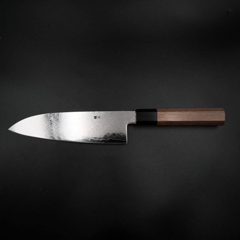 Yoshihiro Ginsan Santoku 180mm, ceviz sekizgen wa saplı Japon santoku bıçağı, yandan tam boy görünüm