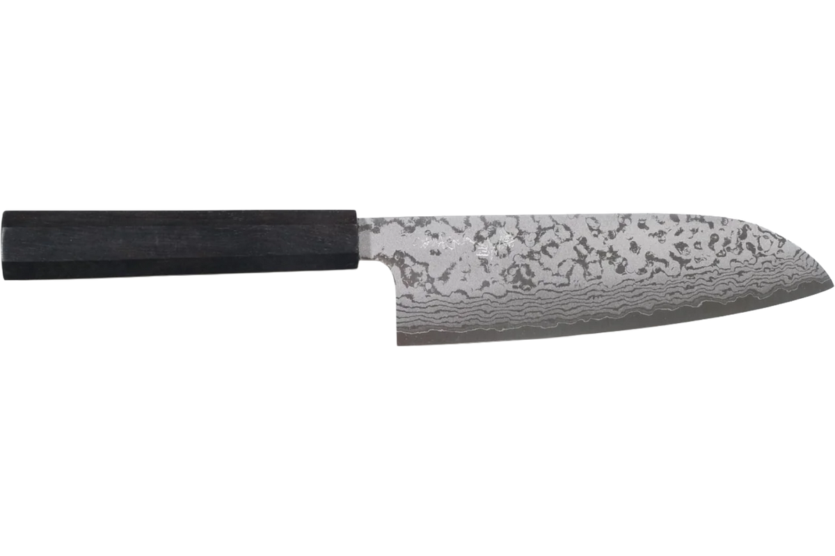 Makoto Kurosaki VG-7 Santoku - Damascus 165mm bıçak anatomisi: ağız, sırt, sap ve tang bölümleri