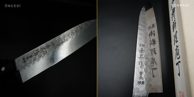 Bicak bileme oncesi ve sonrasi karsilastirma (tsuchime gyuto)