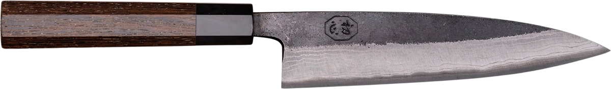 Hatsukokoro Aogami #2 Petty Kumokage - Damascus Kurouchi 150mm bıçak anatomisi: ağız, sırt, sap ve tang bölümleri