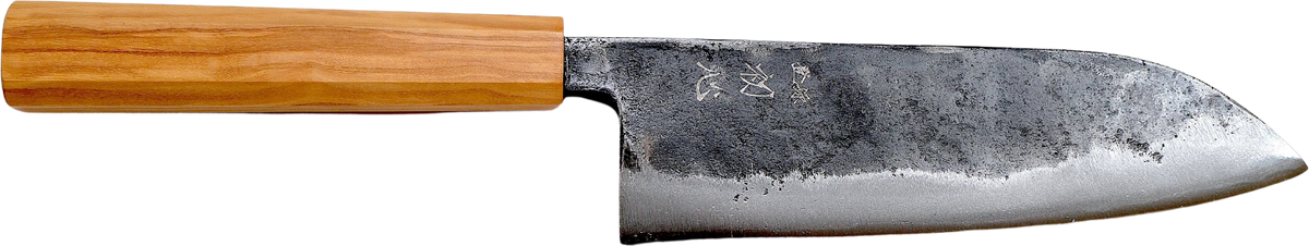 Hatsukokoro Aogami #2 Santoku - Kurouchi 165mm - Zeytin Ağacı bıçak anatomisi: ağız, sırt, sap ve tang bölümleri