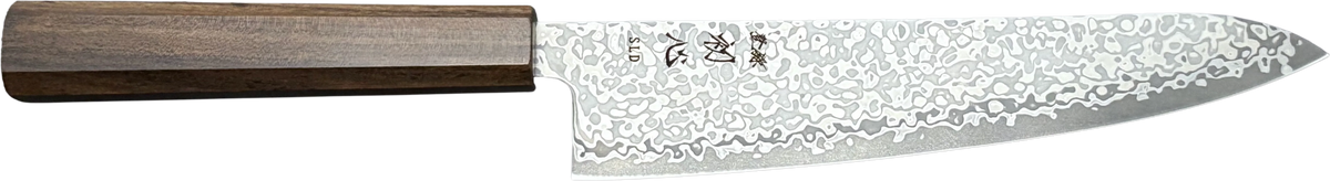 Hatsukokoro Hikari SLD Gyuto - Damascus 195mm bıçak anatomisi: ağız, sırt, sap ve tang bölümleri