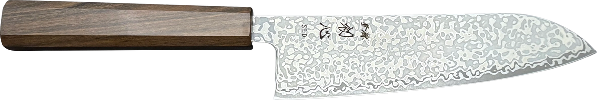 Hatsukokoro Hikari SLD Santoku - Damascus 170mm bıçak anatomisi: ağız, sırt, sap ve tang bölümleri