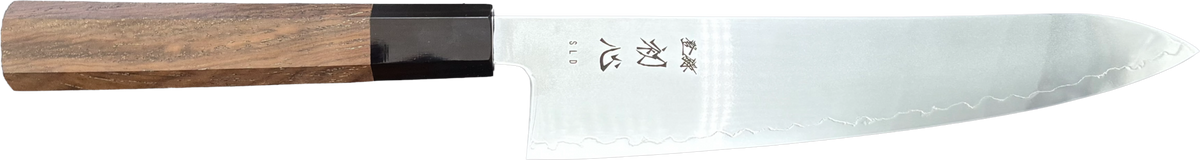 Hatsukokoro Hikari SLD Gyuto - Mirror 195mm - Walnut bıçak anatomisi: ağız, sırt, sap ve tang bölümleri