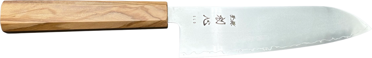 Hatsukokoro SLD Santoku - Mirror 170mm - Olive Wood bıçak anatomisi: ağız, sırt, sap ve tang bölümleri