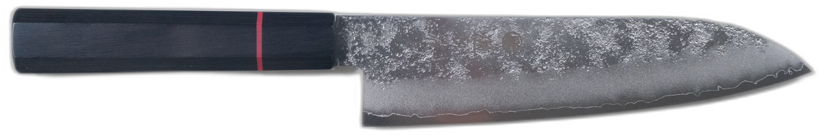 Higuchi Ginsan Santoku - Nashiji 180mm bıçak anatomisi: ağız, sırt, sap ve tang bölümleri