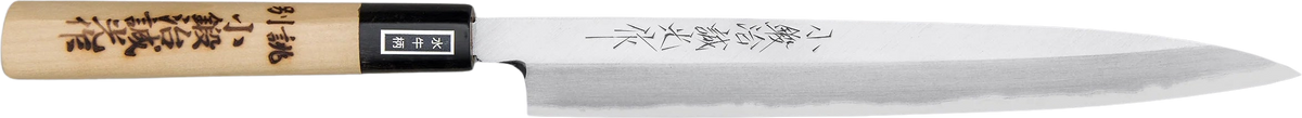Miki Hamono Shirogami #2 Yanagiba - Migaki Kasumi 240mm bıçak anatomisi: ağız, sırt, sap ve tang bölümleri