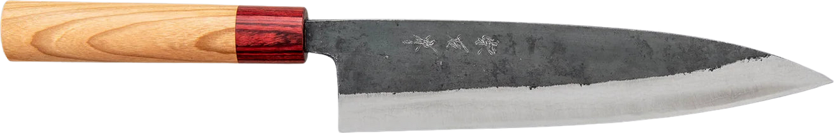 Muneishi Aogami #2 Gyuto - Damascus Kurouchi 210mm bıçak anatomisi: ağız, sırt, sap ve tang bölümleri