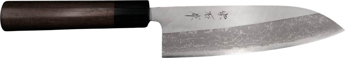 Muneishi Aogami #2 Santoku - Damascus 170mm bıçak anatomisi: ağız, sırt, sap ve tang bölümleri