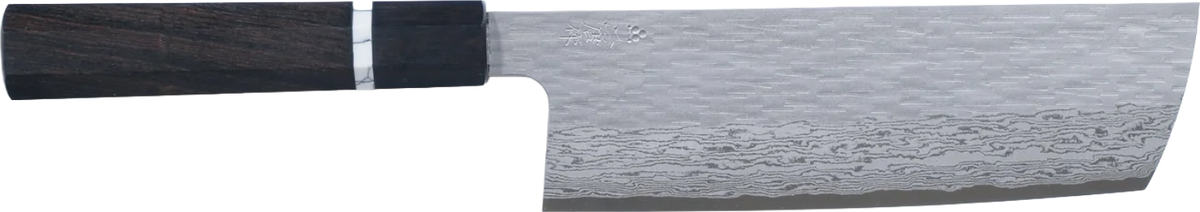 Nigara Hamono VG XEOS Nakiri - Tsuchime Damascus 180mm bıçak anatomisi: ağız, sırt, sap ve tang bölümleri