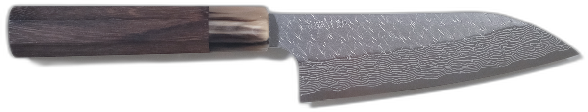 Nigara SG STRIX Ko-Santoku - Tsuchime Damascus bıçak anatomisi: ağız, sırt, sap ve tang bölümleri
