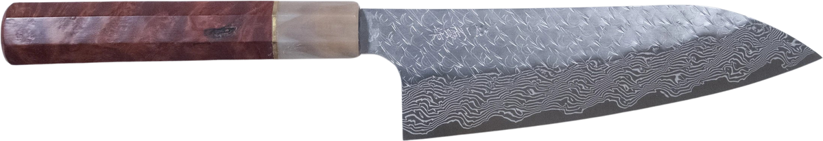 Nigara SG STRIX Santoku - Damascus 165mm bıçak anatomisi: ağız, sırt, sap ve tang bölümleri