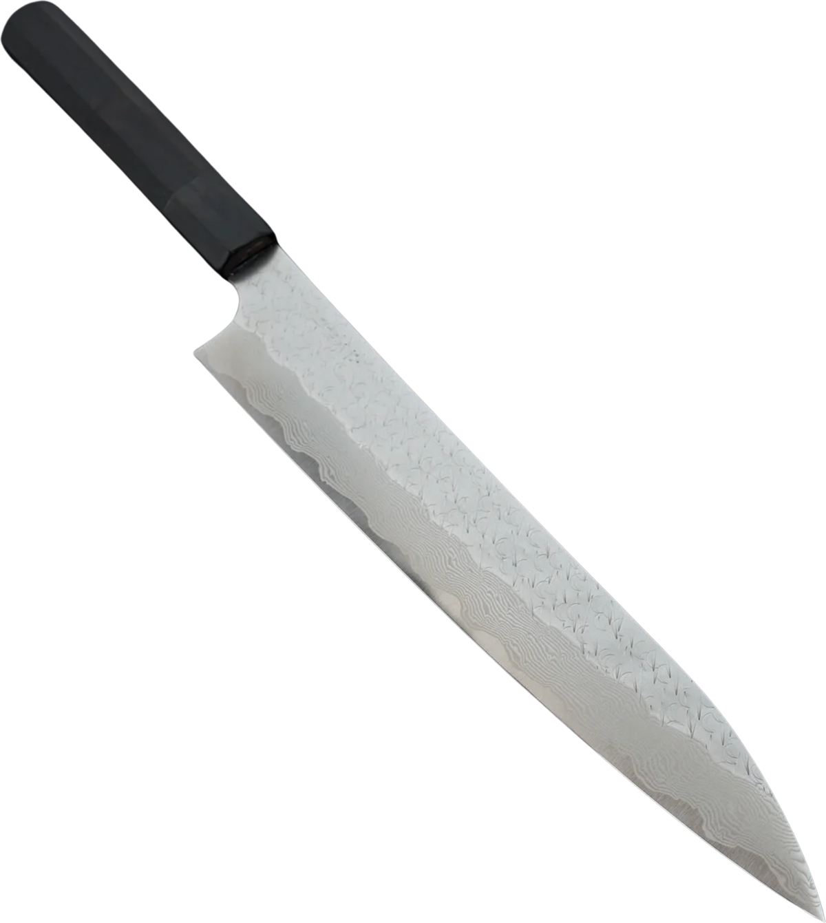 Nigara SG STRIX Sujihiki - Damascus 240mm bıçak anatomisi: ağız, sırt, sap ve tang bölümleri
