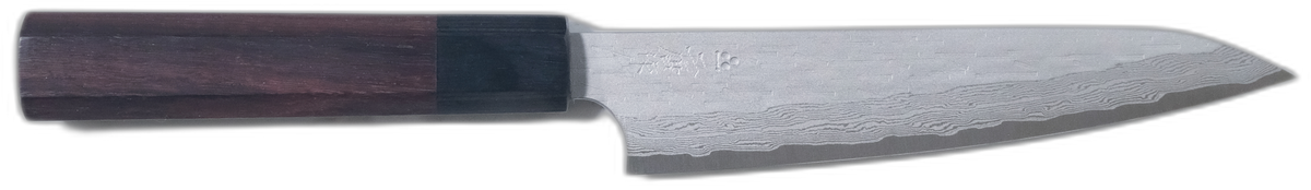 Nigara VG XEOS Petty - Tsuchime Damascus 150mm (Kahverengi) bıçak anatomisi: ağız, sırt, sap ve tang bölümleri