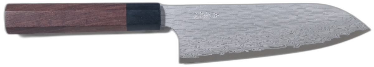 Nigara VG XEOS Santoku - Tsuchime Damascus 170mm bıçak anatomisi: ağız, sırt, sap ve tang bölümleri