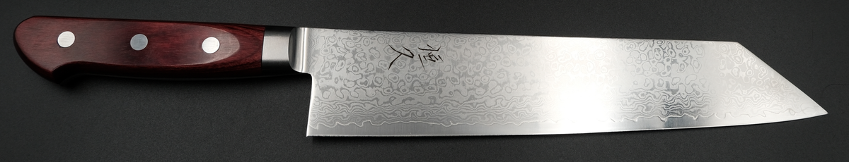 Tsunehisa VG-10 Kiritsuke - Damascus 210mm (Kırmızı Sap) bıçak anatomisi: ağız, sırt, sap ve tang bölümleri
