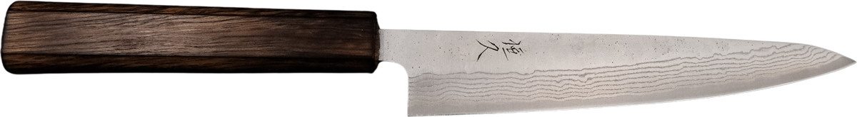Tsunehisa 440C Petty - Tsuchime Damascus 150mm bıçak anatomisi: ağız, sırt, sap ve tang bölümleri