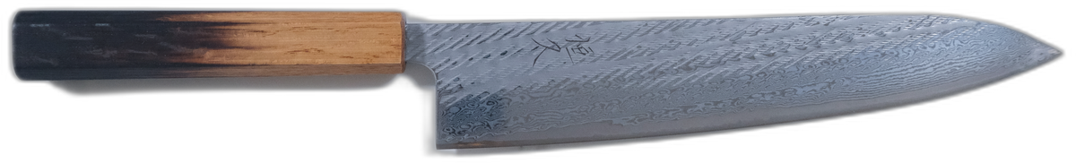 Tsunehisa AUS-10 Gyuto - Nawame Damascus 240mm bıçak anatomisi: ağız, sırt, sap ve tang bölümleri