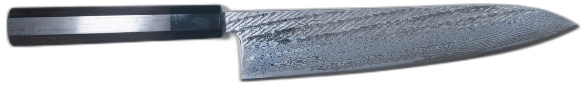 Tsunehisa Ginsan Gyuto - Nawame Damascus 240mm bıçak anatomisi: ağız, sırt, sap ve tang bölümleri