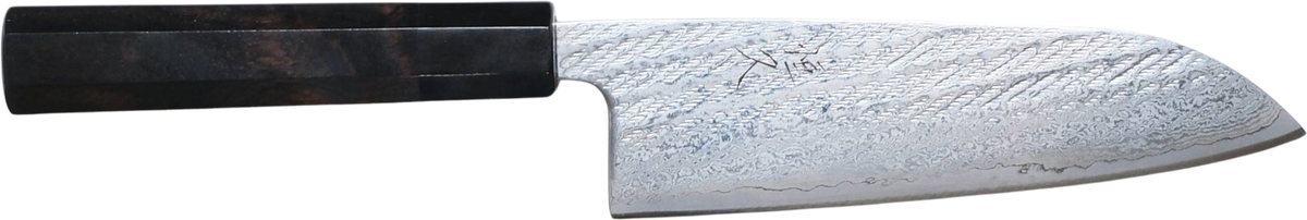 Tsunehisa Ginsan Santoku - Nawame Damascus 165mm bıçak anatomisi: ağız, sırt, sap ve tang bölümleri