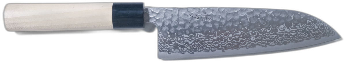 Tsunehisa Ginsan Santoku - Tsuchime Damascus 165mm (Siyah Bilezik) bıçak anatomisi: ağız, sırt, sap ve tang bölümleri