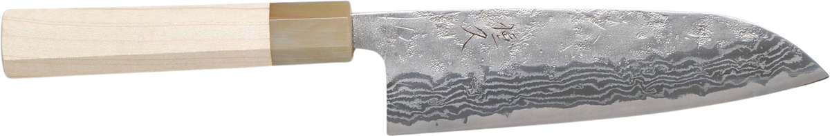 Tsunehisa SW Santoku - Washiji Damascus 165mm bıçak anatomisi: ağız, sırt, sap ve tang bölümleri