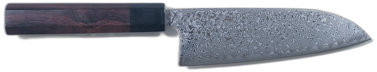Tsunehisa SRS13 Santoku - Damascus 165mm bıçak anatomisi: ağız, sırt, sap ve tang bölümleri
