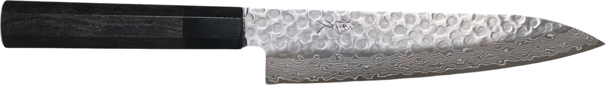Tsunehisa VG-10 Gyuto - Damascus Tsuchime 180mm bıçak anatomisi: ağız, sırt, sap ve tang bölümleri