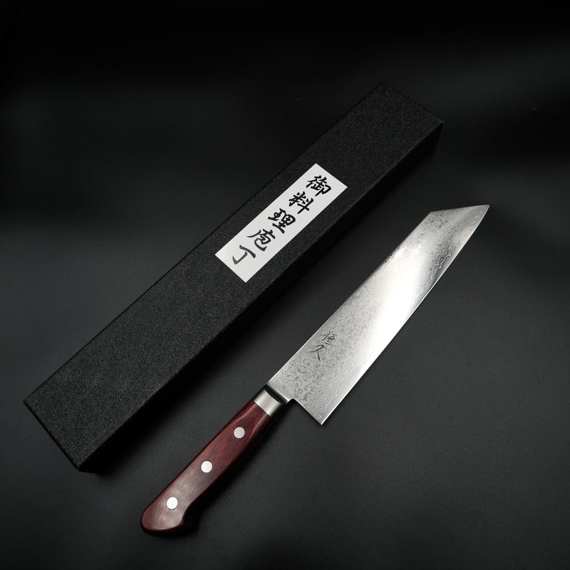Tsunehisa VG-10 Kiritsuke Damascus 210mm kırmızı saplı Japon şef bıçağı ve siyah hediye kutusu
