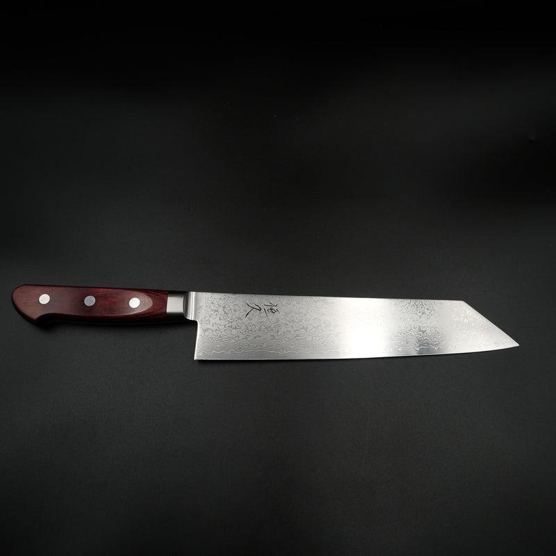 Tsunehisa VG-10 Kiritsuke Damascus 210mm bıçağın tam boy yan profili ve kırmızı pakka sapı