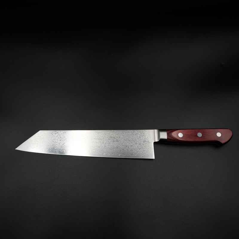 Tsunehisa VG-10 Kiritsuke Damascus 210mm bıçağın kırmızı sap ile tam boy görünümü