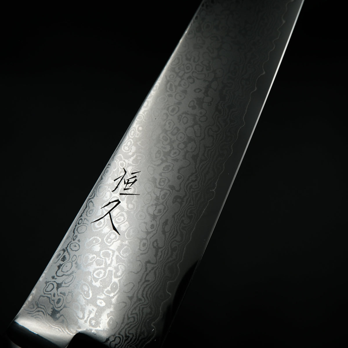 Tsunehisa VG-10 Kiritsuke Damascus 210mm bıçakta Tsunehisa kanji imzası ve çelik deseni