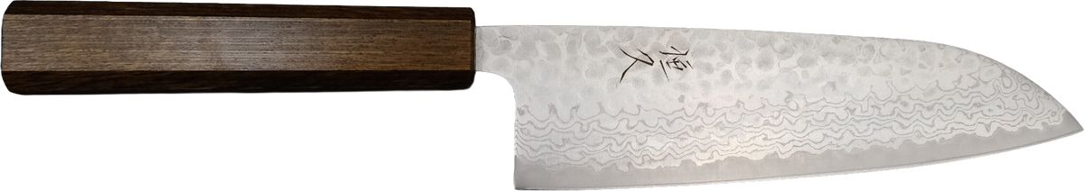 Tsunehisa VG-10 Santoku 180mm - Damascus Tsuchime (Kahverengi Sap) bıçak anatomisi: ağız, sırt, sap ve tang bölümleri