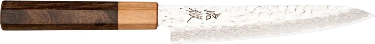 Yasuda Hamono VG-10 Petty Kotetsu - Damascus Tsuchime 150mm bıçak anatomisi: ağız, sırt, sap ve tang bölümleri
