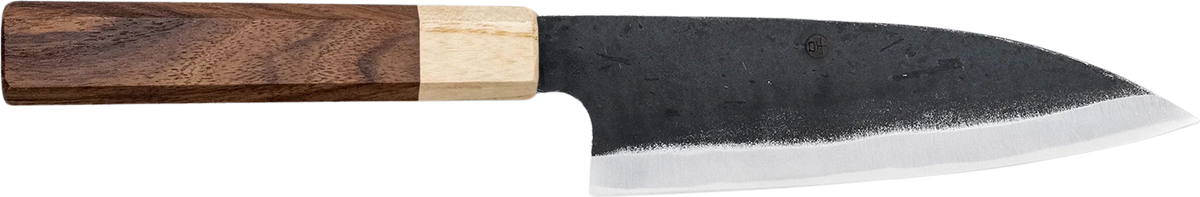 Yoshida Hamono SUJ-2  Santoku Funayuki - Kurouchi 155mm bıçak anatomisi: ağız, sırt, sap ve tang bölümleri